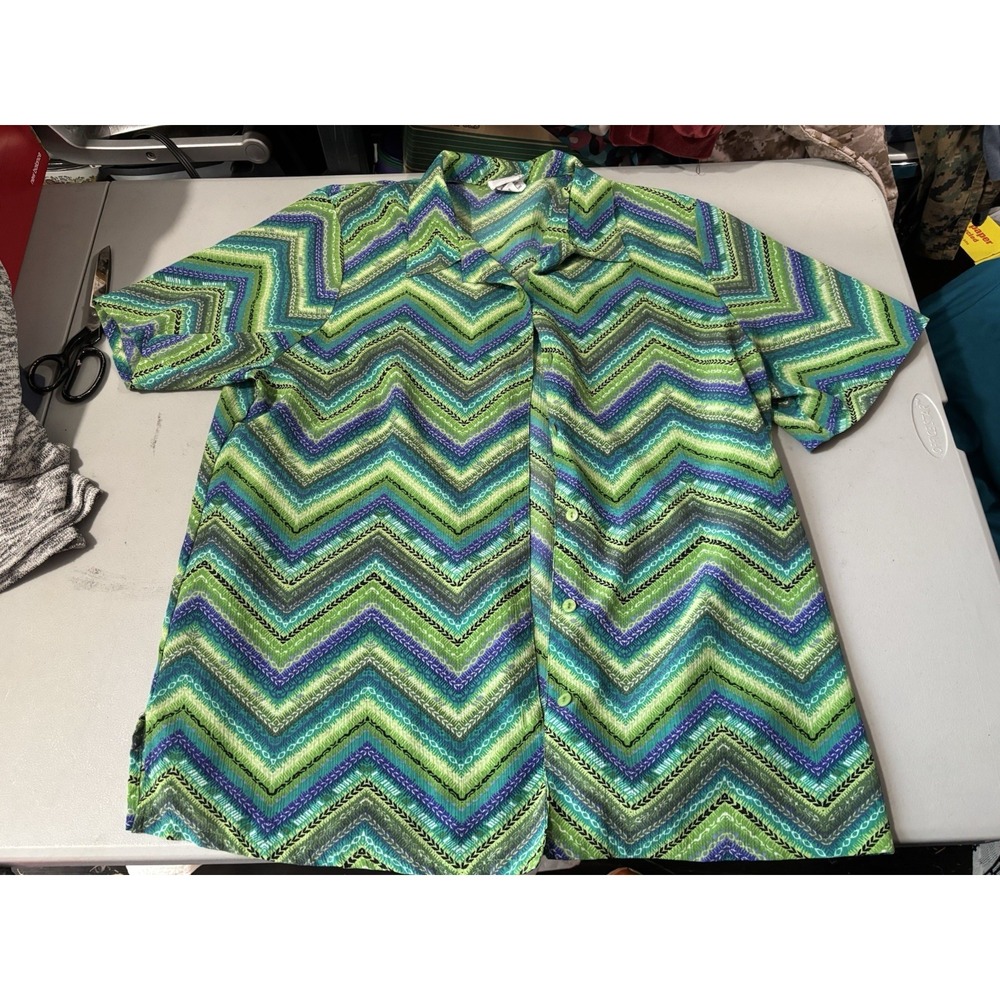 Vtg Bon Worth L Blue Green Polyester Top Short Sleeve